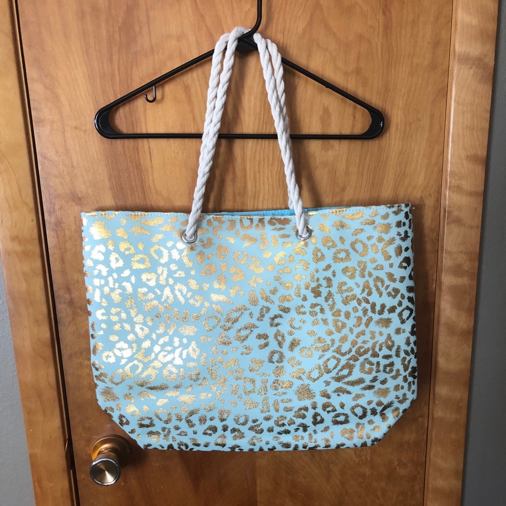 Medium/Large Teal Gold Foil Cheetah Tote Bag